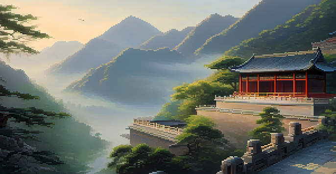 A peaceful scene of students practicing Tai Chi at an ancient martial arts school in the mountains during dawn.