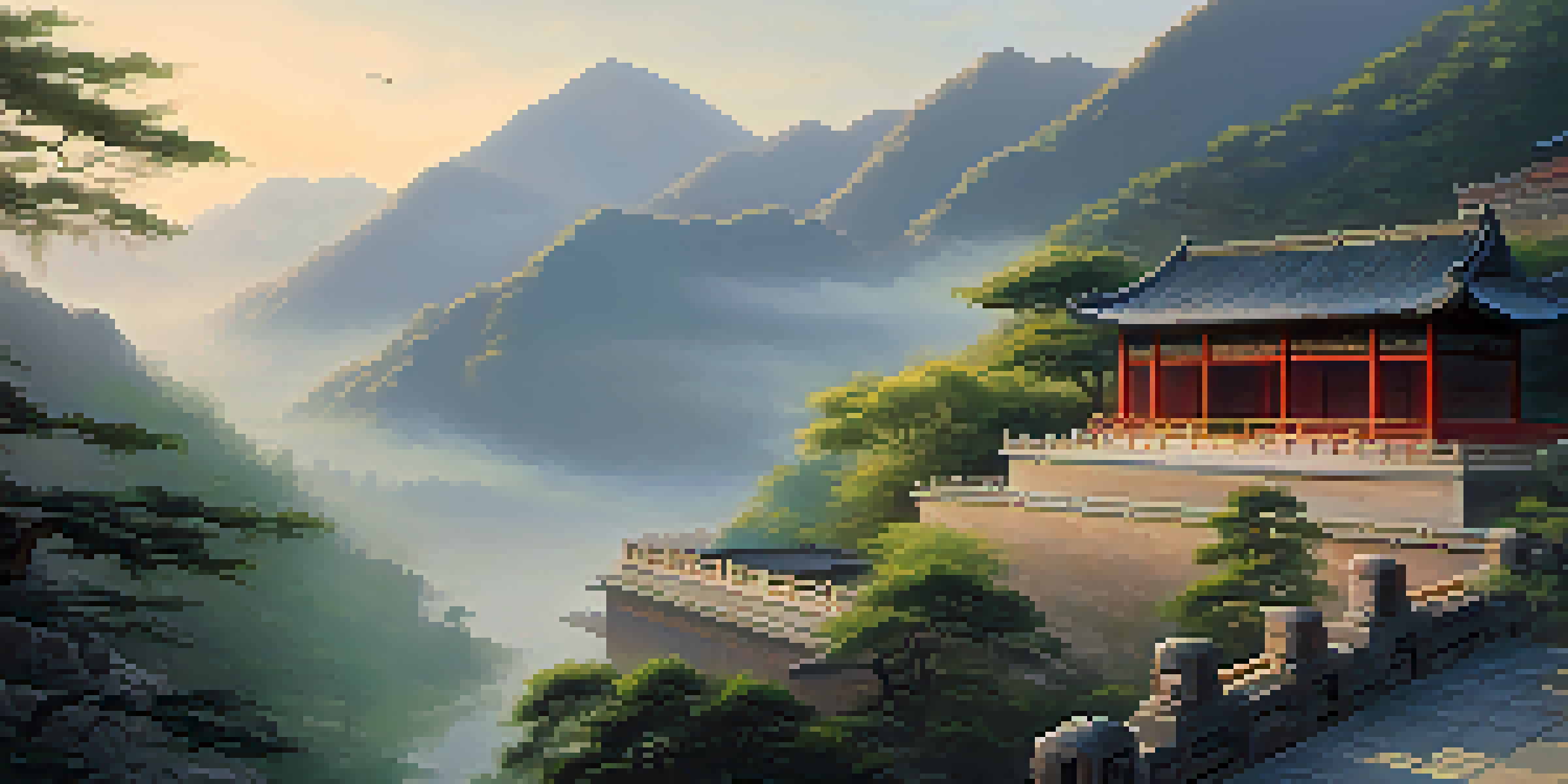 A peaceful scene of students practicing Tai Chi at an ancient martial arts school in the mountains during dawn.