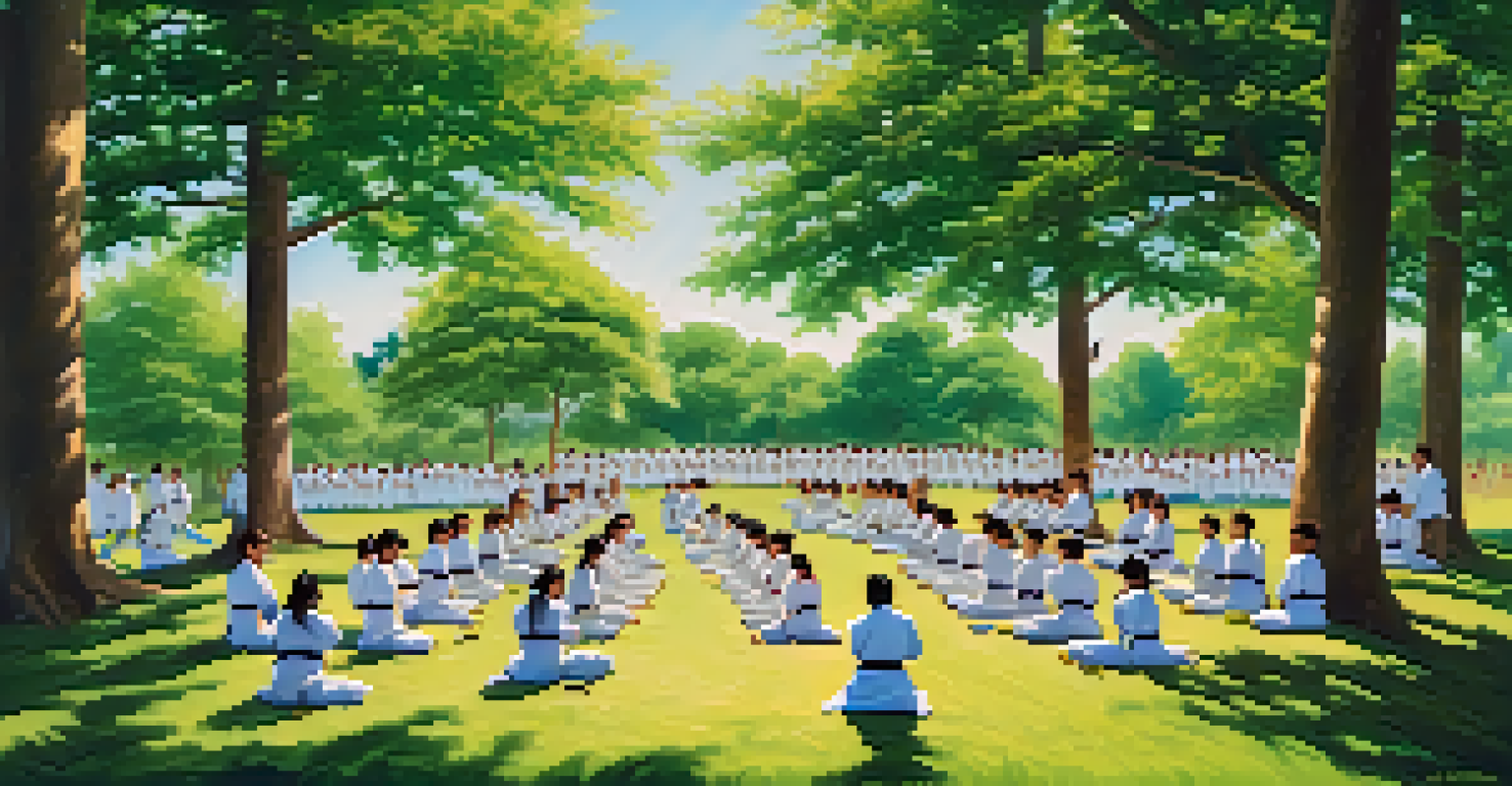 A diverse group of martial arts students practicing in a park, surrounded by trees and a clear sky.