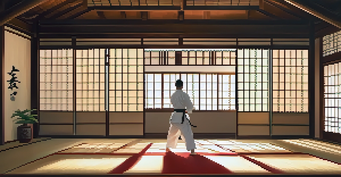 A martial artist practicing kata in a tranquil dojo at sunrise, with wooden floors and soft sunlight filtering through shoji screens.