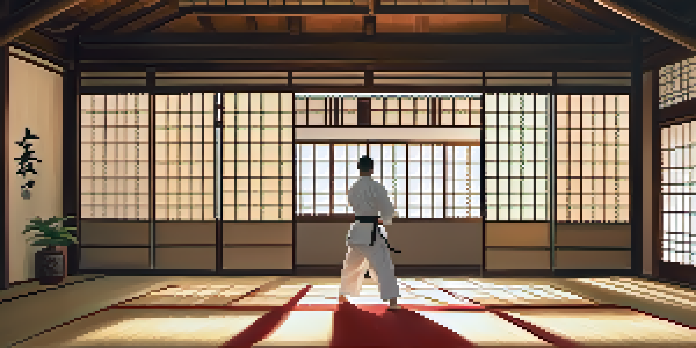 A martial artist practicing kata in a tranquil dojo at sunrise, with wooden floors and soft sunlight filtering through shoji screens.