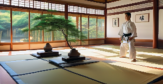 A peaceful martial arts dojo with a lone practitioner performing a kata, illuminated by soft morning light and surrounded by bamboo plants.