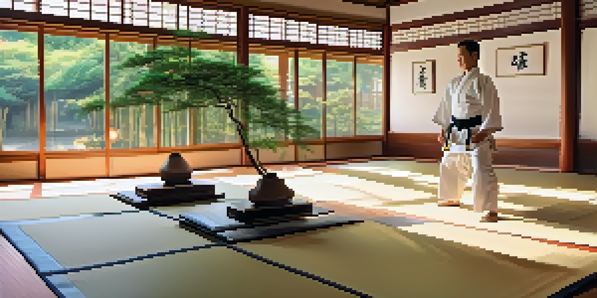 A peaceful martial arts dojo with a lone practitioner performing a kata, illuminated by soft morning light and surrounded by bamboo plants.