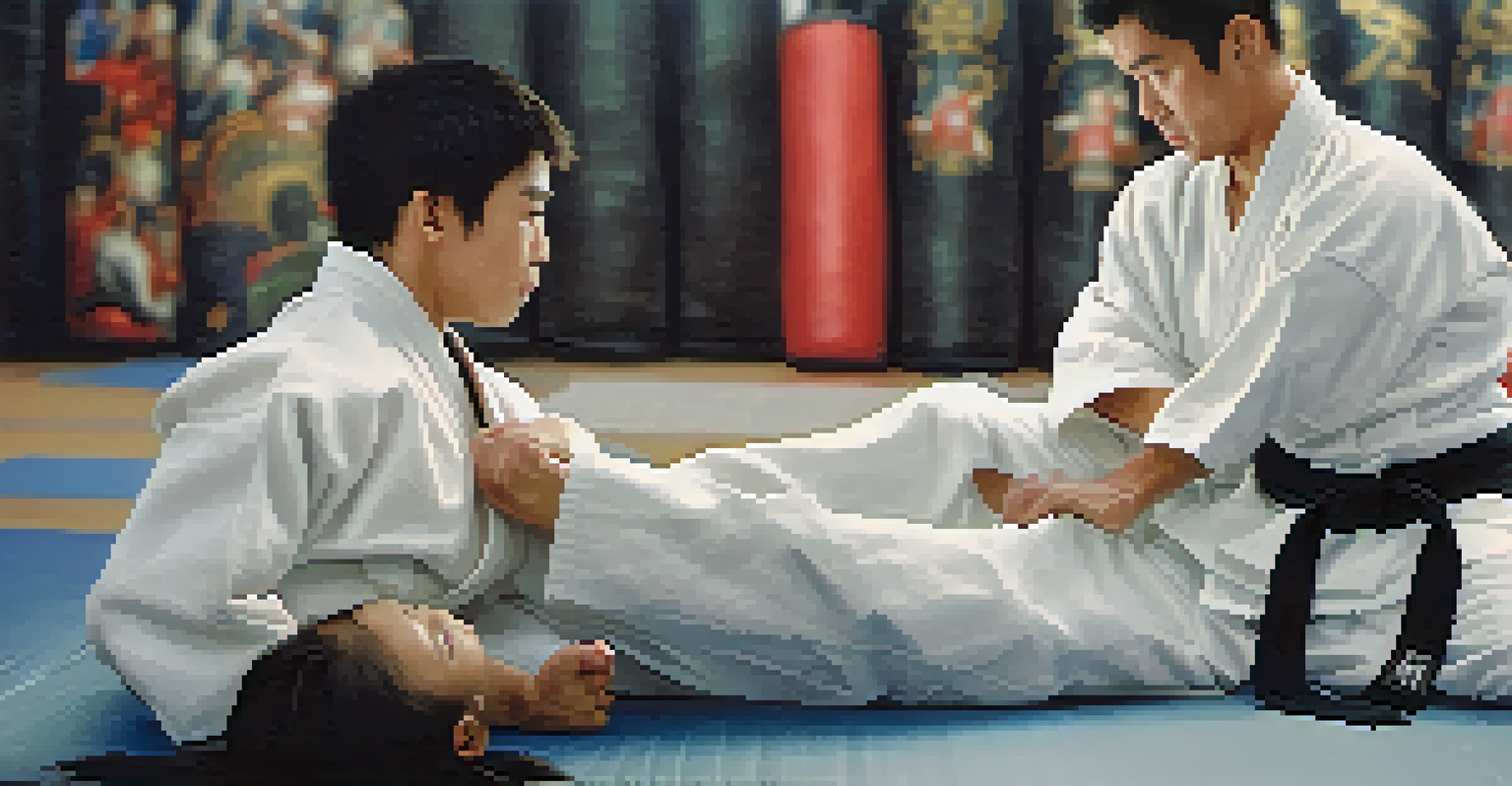 A close-up of a martial arts instructor demonstrating a technique to a focused student on the training mat, highlighting their dedication.