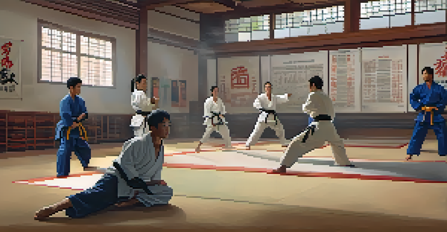 A diverse group of people training in a martial arts dojo, practicing different techniques.