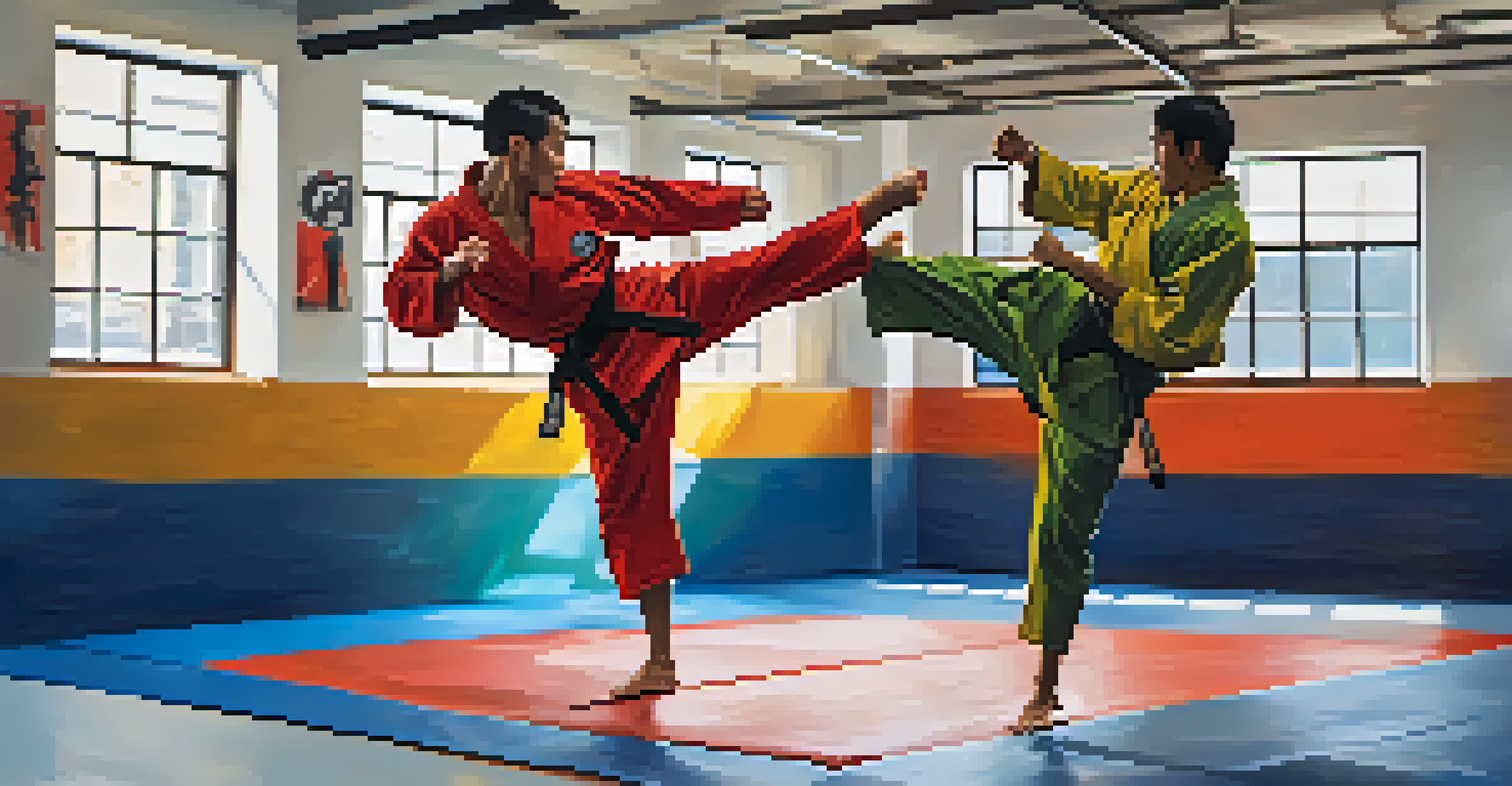 Two martial artists sparring in a training gym, showcasing their agility and focus, with training equipment in the background.