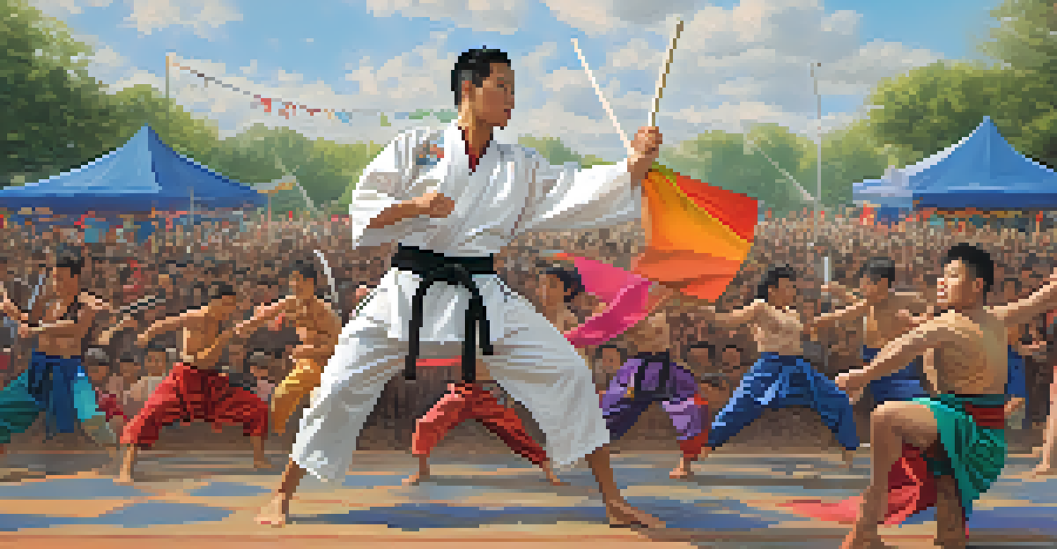 An outdoor martial arts event showcasing diverse practitioners, emphasizing celebration and inclusivity.