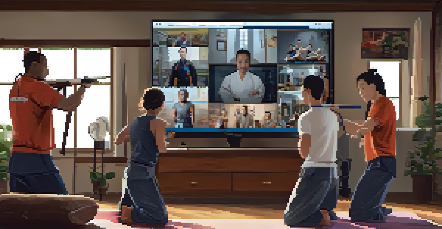 Martial artists participating in an online training session from their homes, with instructors visible on multiple screens.