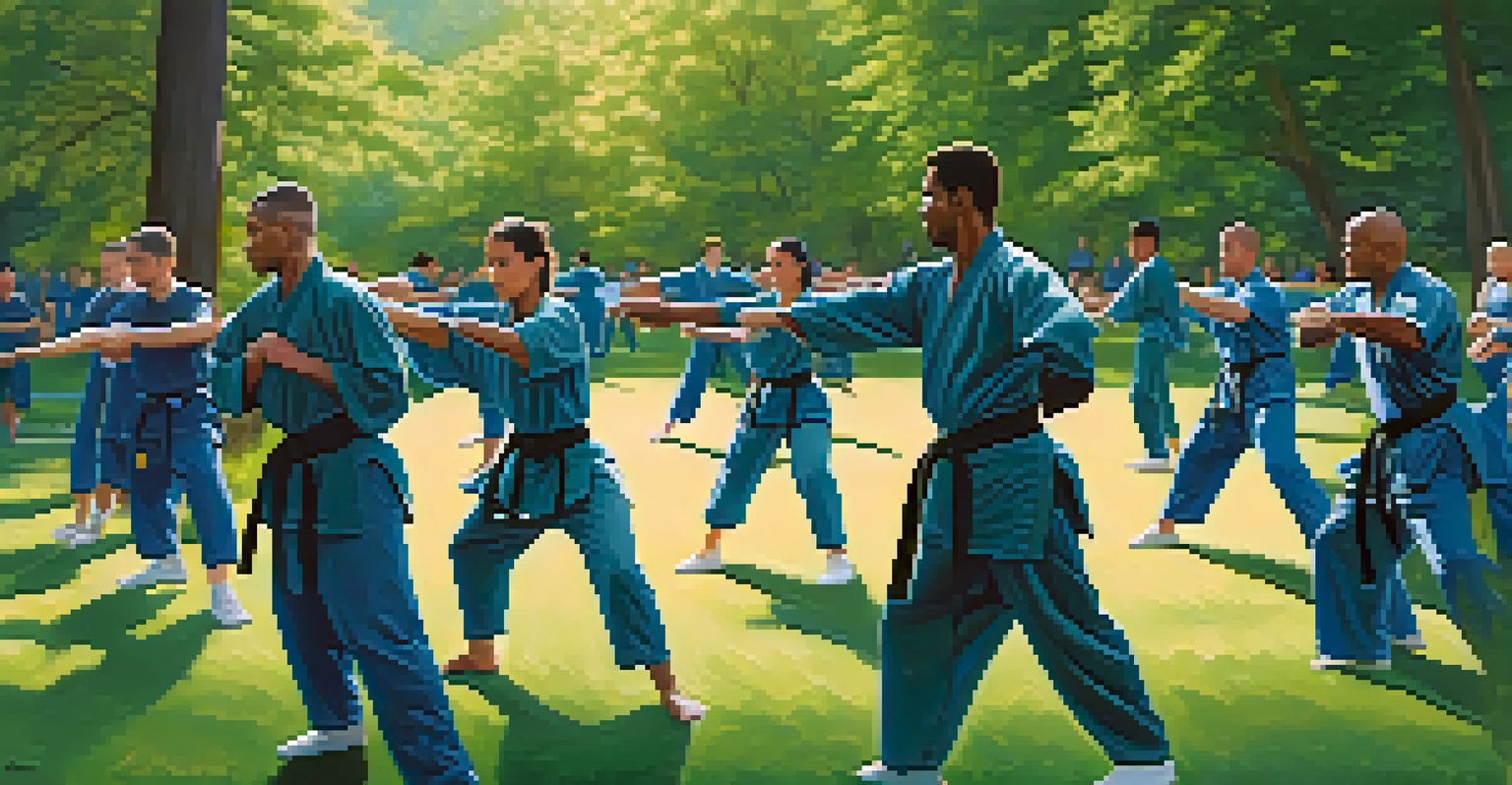 A diverse group of martial artists practicing self-defense drills in a sunny park, surrounded by trees.