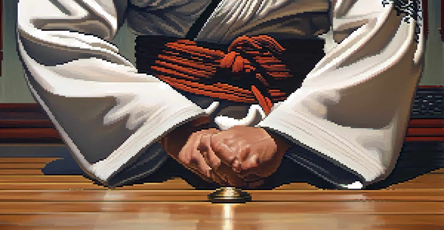 Close-up of a martial artist's hands holding a weapon in a dojo, highlighting the texture of the weapon and the warm atmosphere.