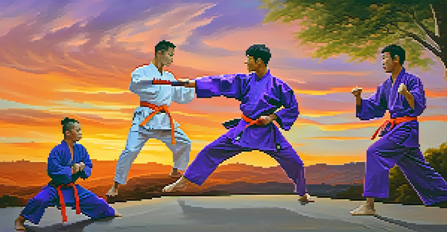 A group of martial artists sparring outdoors at sunset, with vibrant skies and a tranquil landscape.