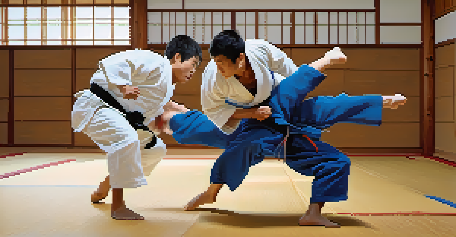 Two judo practitioners grappling in a brightly lit dojo, demonstrating focus and technique.