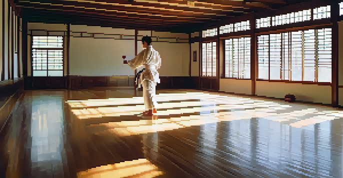A martial artist in a white gi practicing a kick in a well-lit dojo with wooden floors and traditional decorations.