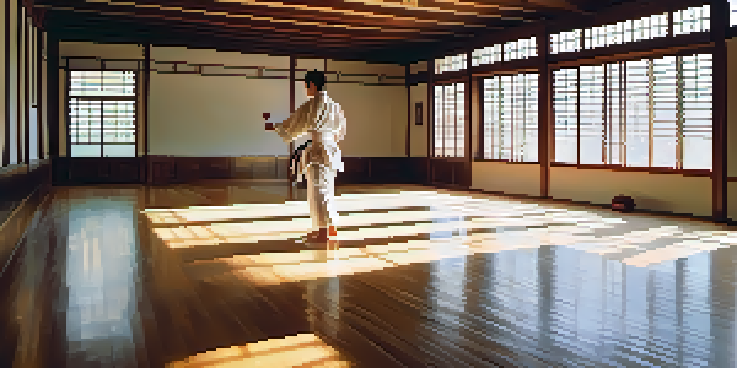 A martial artist in a white gi practicing a kick in a well-lit dojo with wooden floors and traditional decorations.
