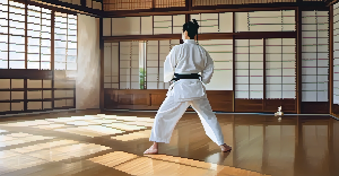 A practitioner in a white gi performing a kata in a tranquil dojo filled with natural light.