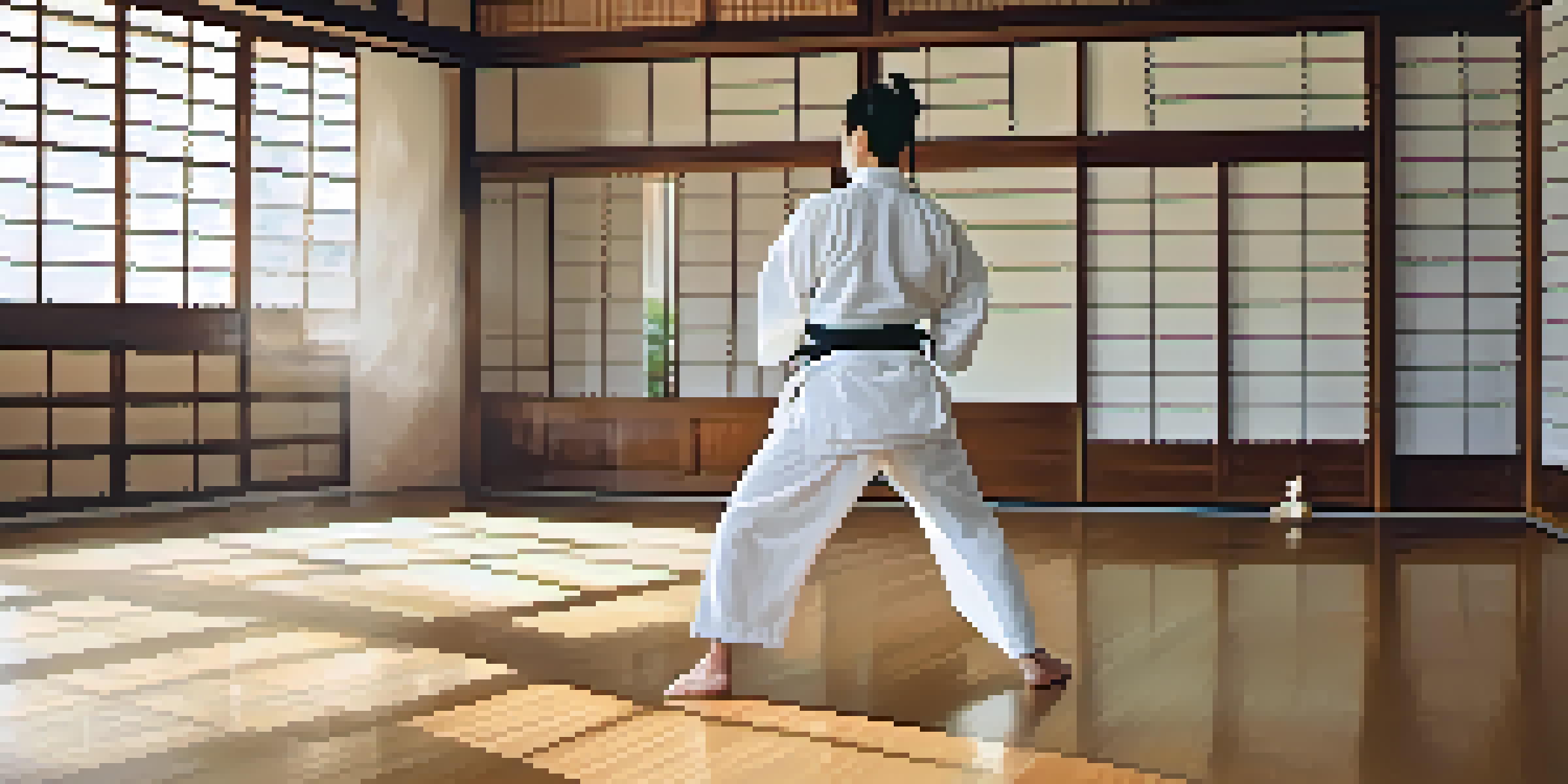 A practitioner in a white gi performing a kata in a tranquil dojo filled with natural light.