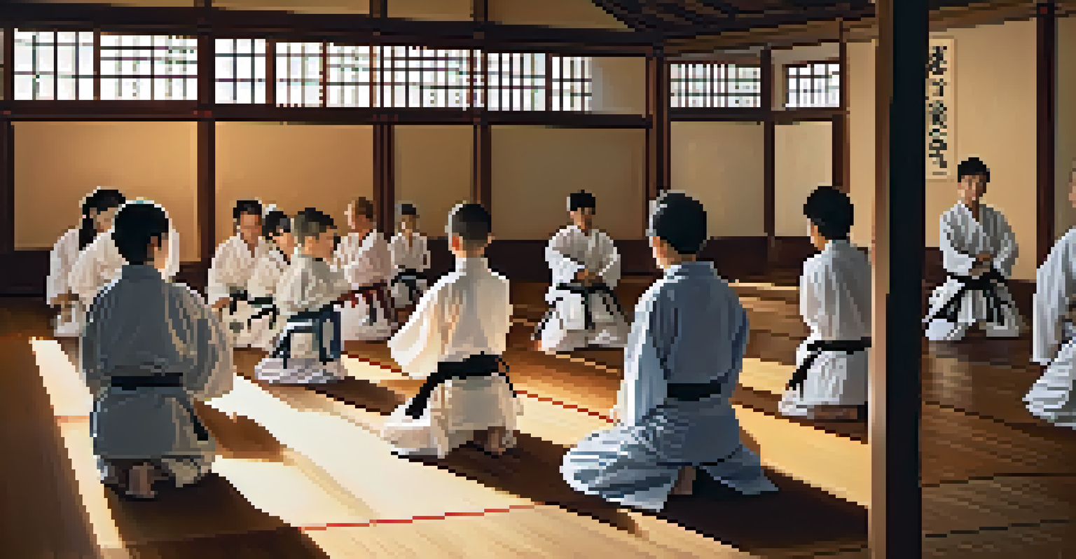 Students bowing to their instructor in a traditional dojo, surrounded by historical artifacts and warm lighting, symbolizing respect and community.