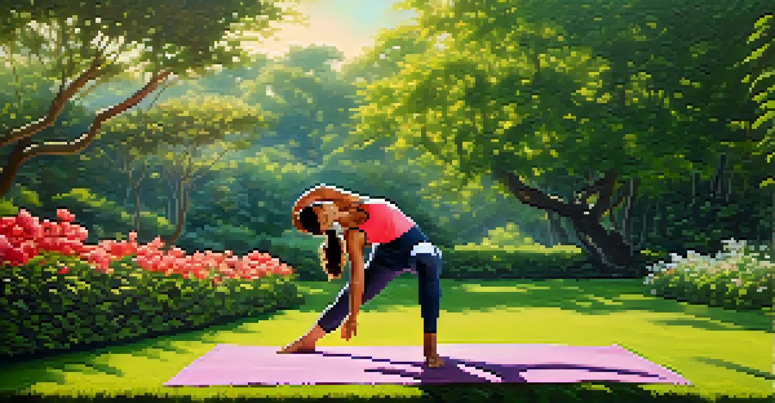A martial artist stretching in a beautiful garden, surrounded by flowers and greenery.