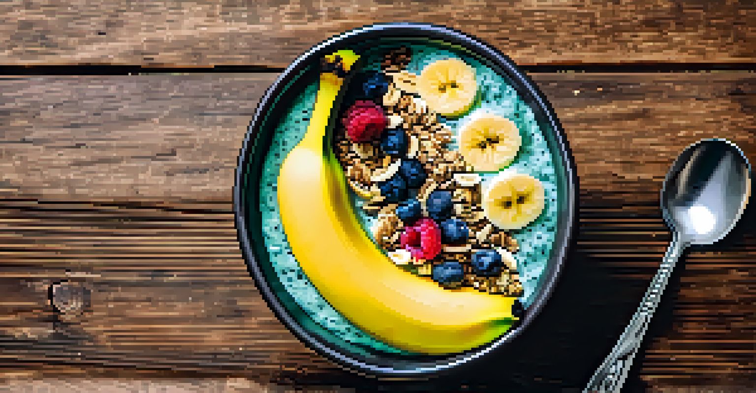 A colorful smoothie bowl topped with banana slices and granola, set on a wooden table.