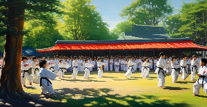 A community martial arts event with participants of different ages practicing techniques in a park, surrounded by cheering spectators and colorful banners.