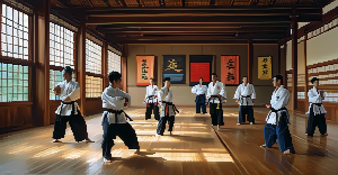A diverse group of martial arts practitioners training in a peaceful dojo filled with natural light.
