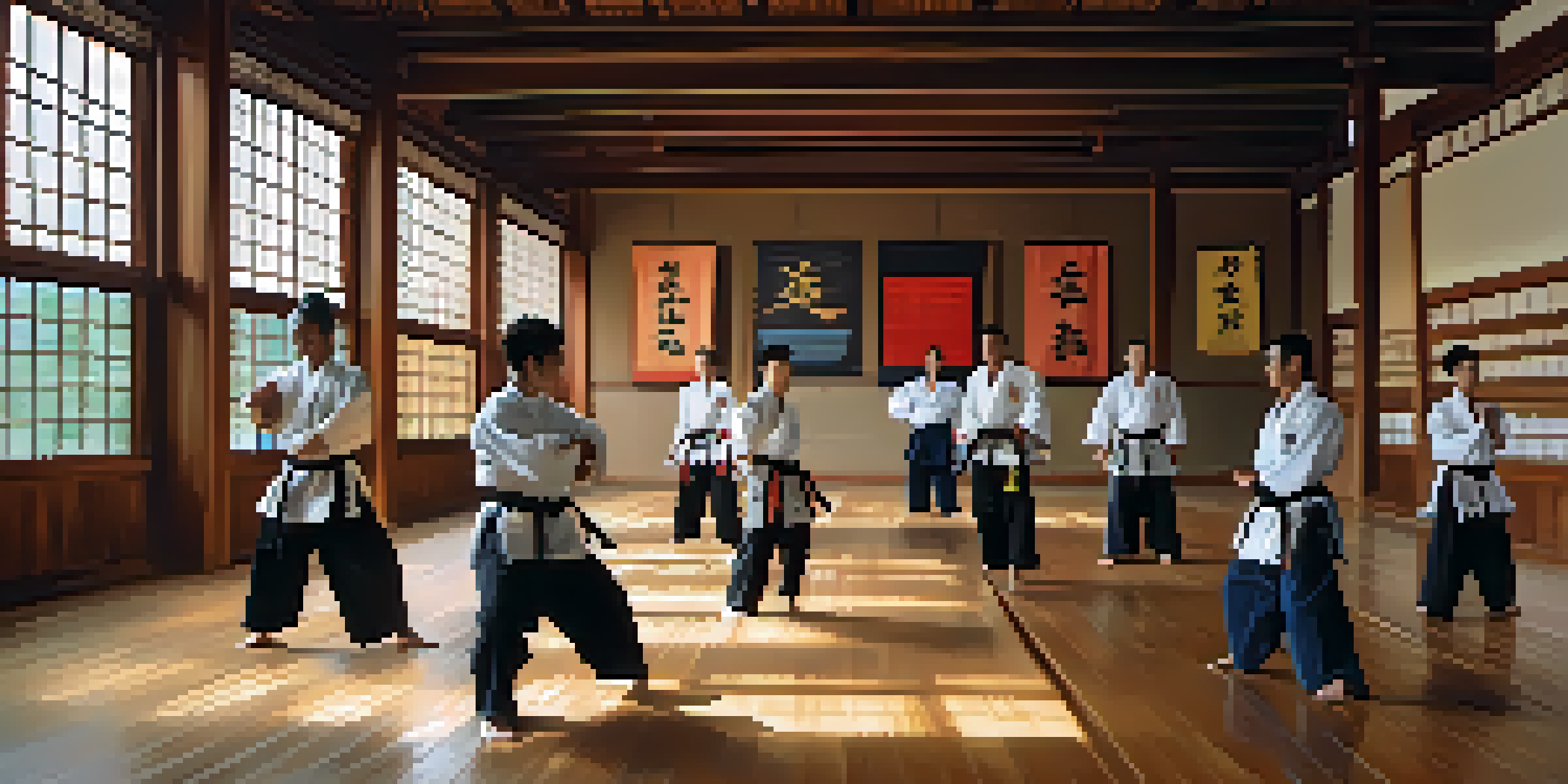 A diverse group of martial arts practitioners training in a peaceful dojo filled with natural light.