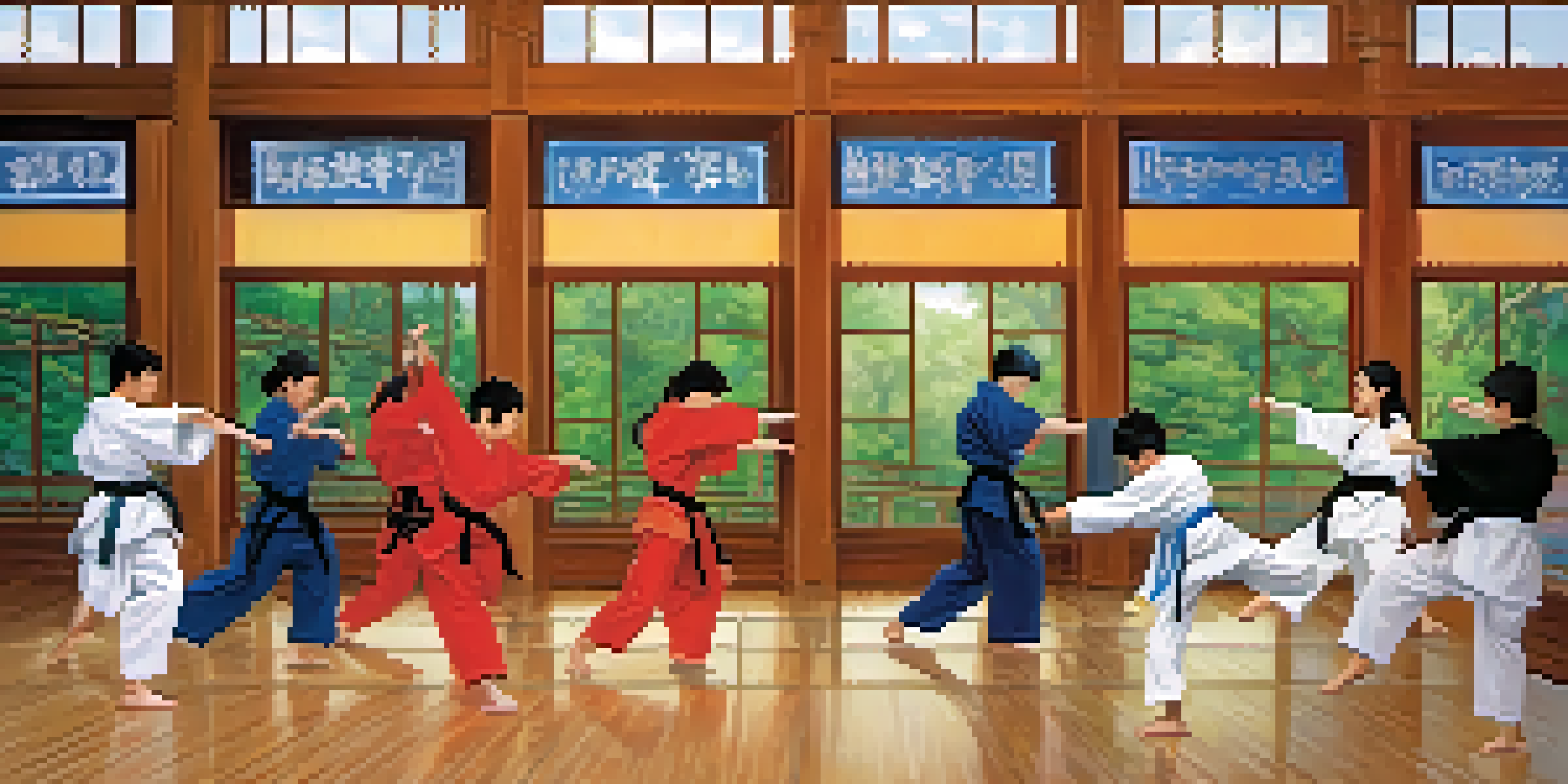 A colorful dojo with students of different backgrounds practicing martial arts together, with natural light and traditional decor.