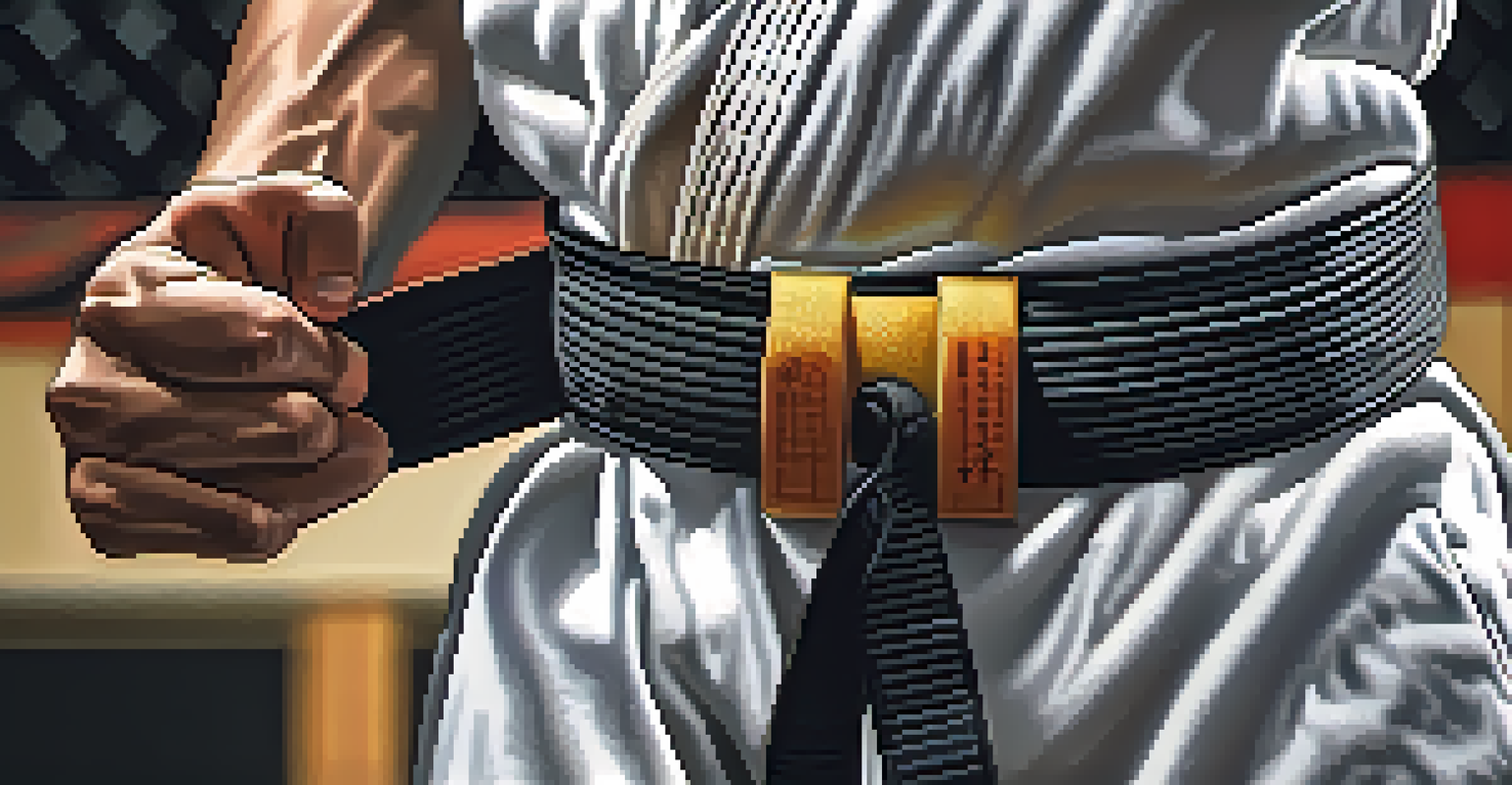Close-up of a student's hand gripping a martial arts belt in a dojo, showcasing textures and focus.