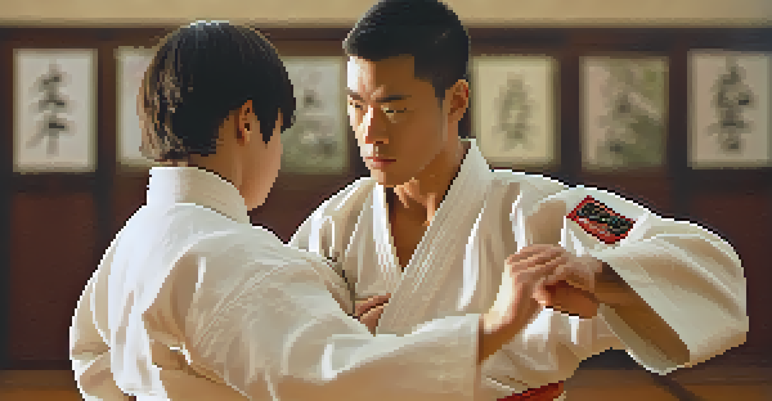 A martial arts instructor demonstrating a self-defense technique to a focused student.