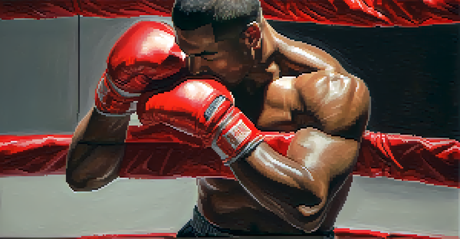Close-up of a boxer's wrapped hands resting on a worn punching bag, highlighting the intensity of training.