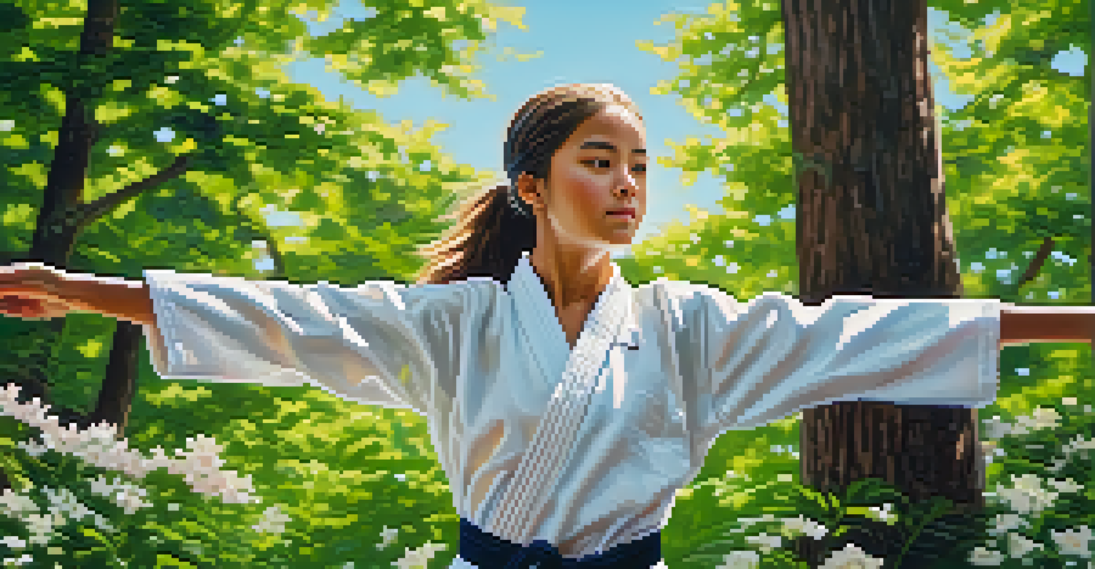 A teen girl in a white karate gi striking a confident pose in a lush park.