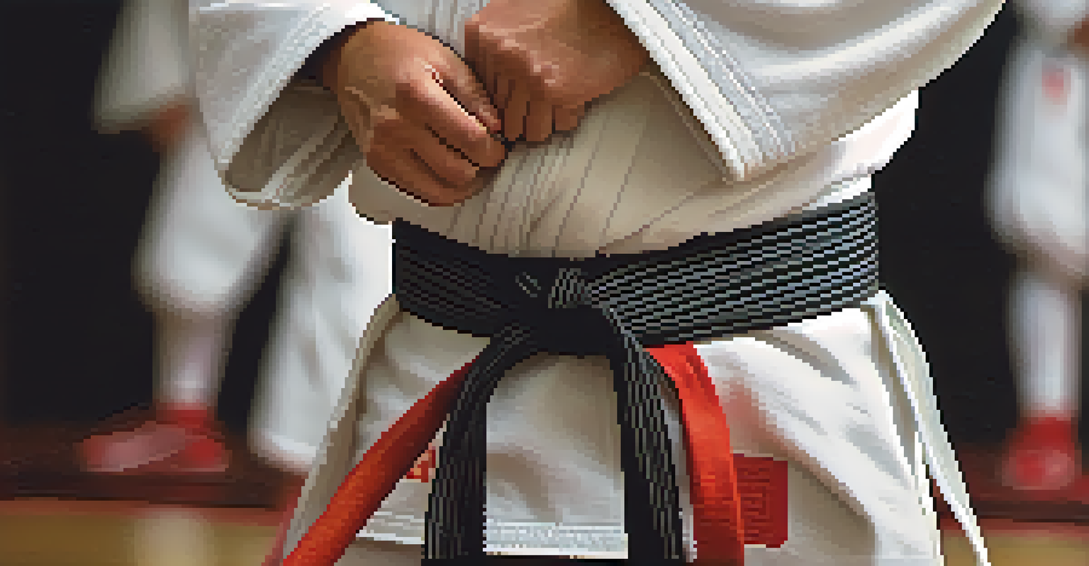 A young martial artist tying their belt in a dojo, highlighting the textures of the uniform and belt with a blurred background of fellow trainees.