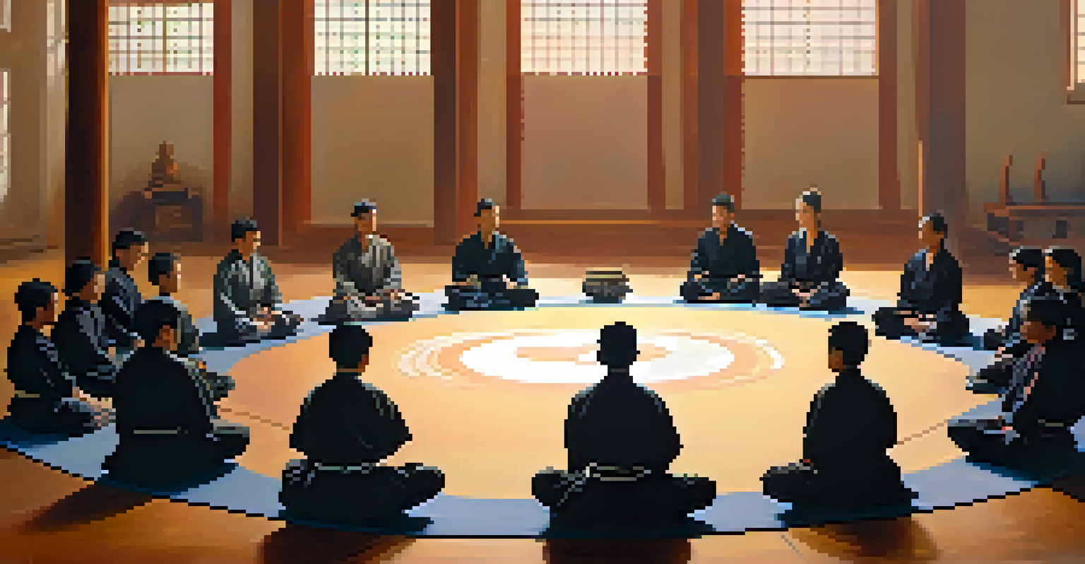 Students in a martial arts class meditating together, creating a peaceful atmosphere of community and mindfulness.