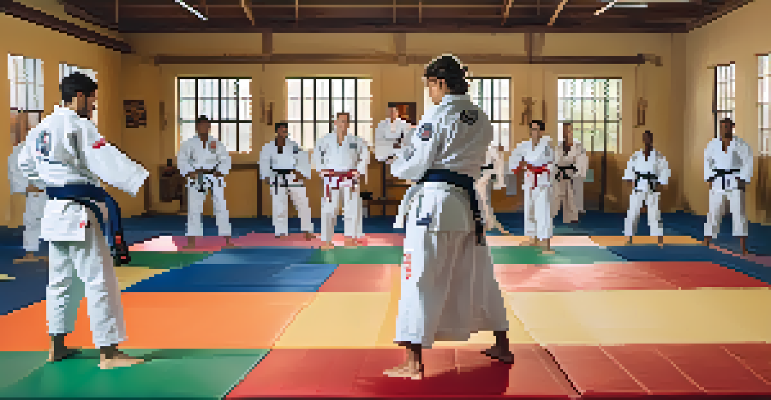 Students practicing Brazilian Jiu-Jitsu on colorful mats, engaged in warm-up rolls, with sunlight streaming through the windows.