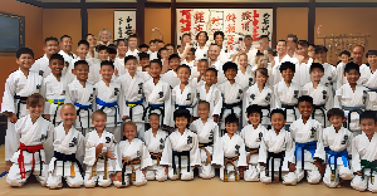 A group of young martial artists joyfully celebrating their belt promotions in a decorated dojo, exchanging high-fives.