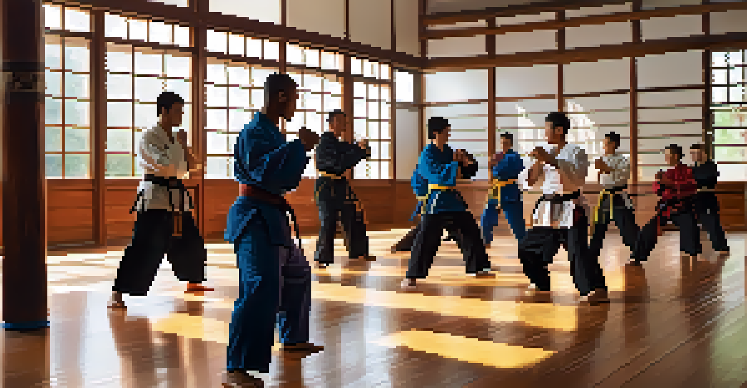 A diverse group of martial arts students practicing in a well-lit dojo, demonstrating unity and collaboration.