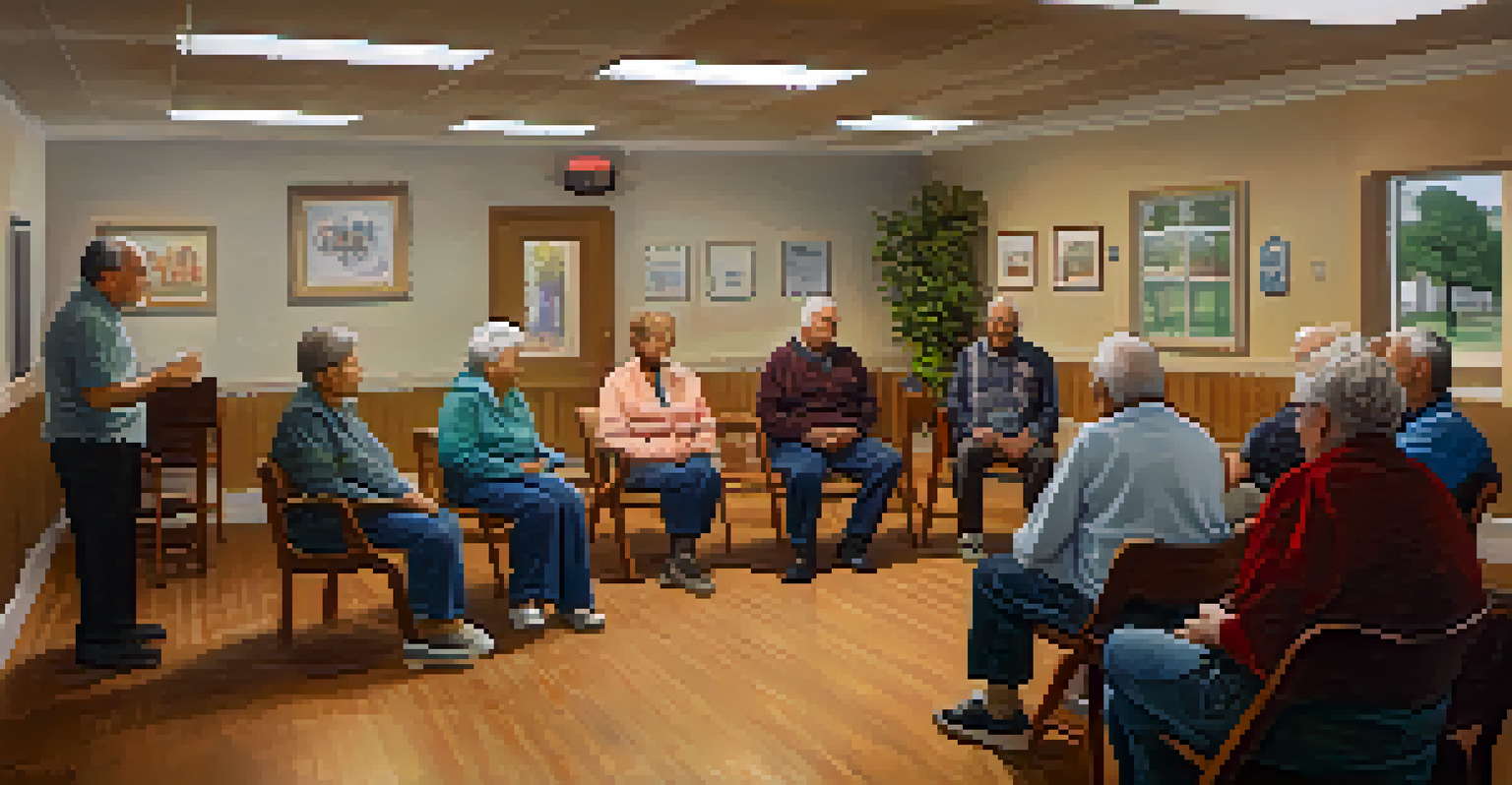 Older adults discussing self-defense strategies in a welcoming community center.
