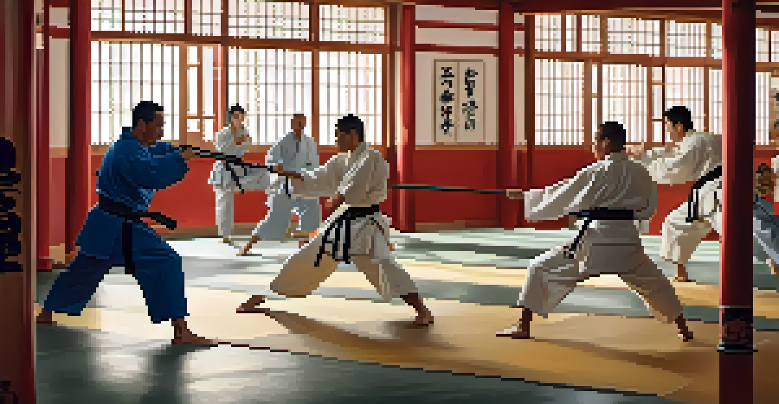 A diverse group of martial artists sparring playfully in a well-lit dojo with traditional mats.