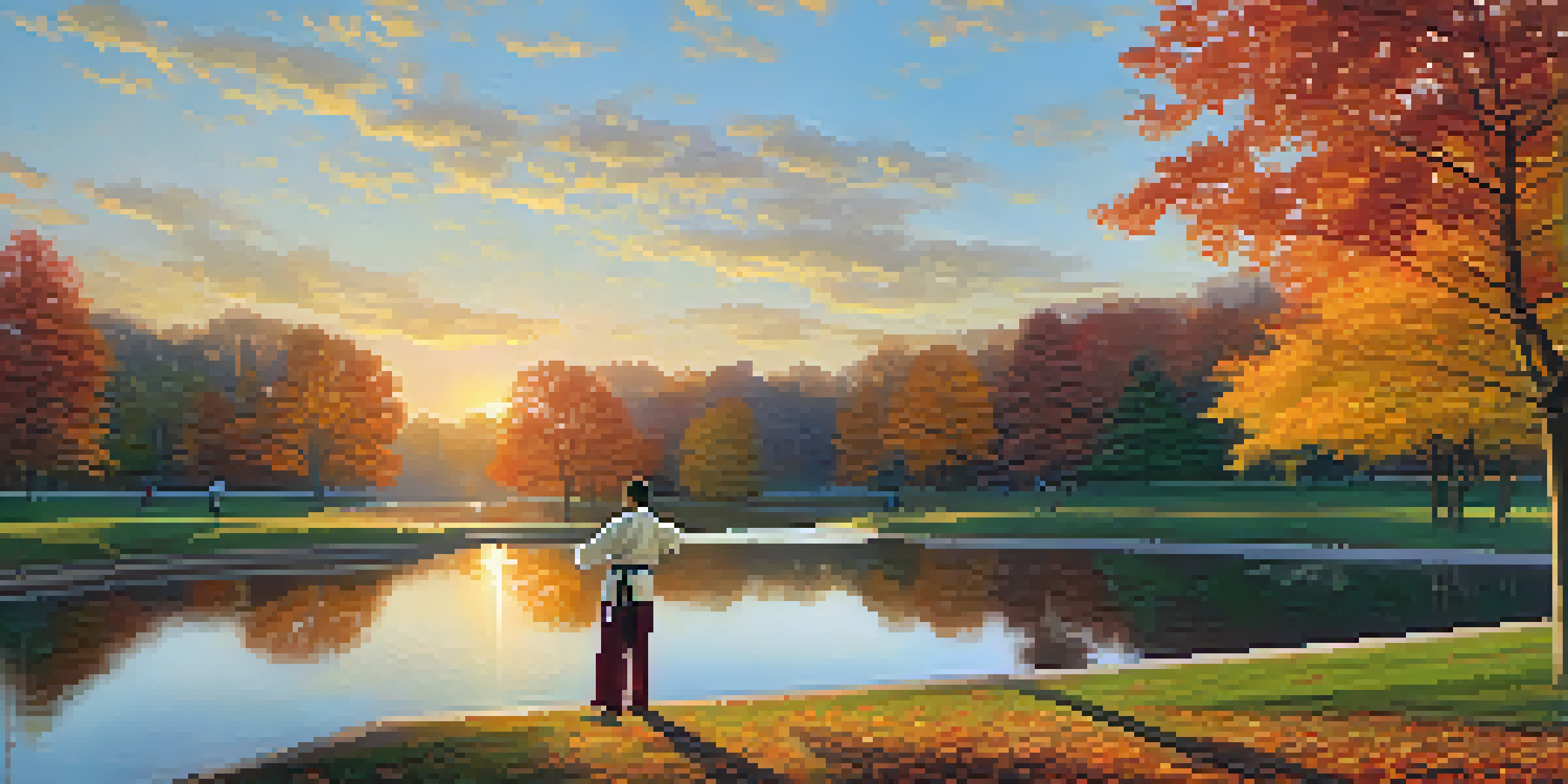 A person practicing martial arts in a park at sunrise, surrounded by autumn trees and a pond reflecting the scenery.