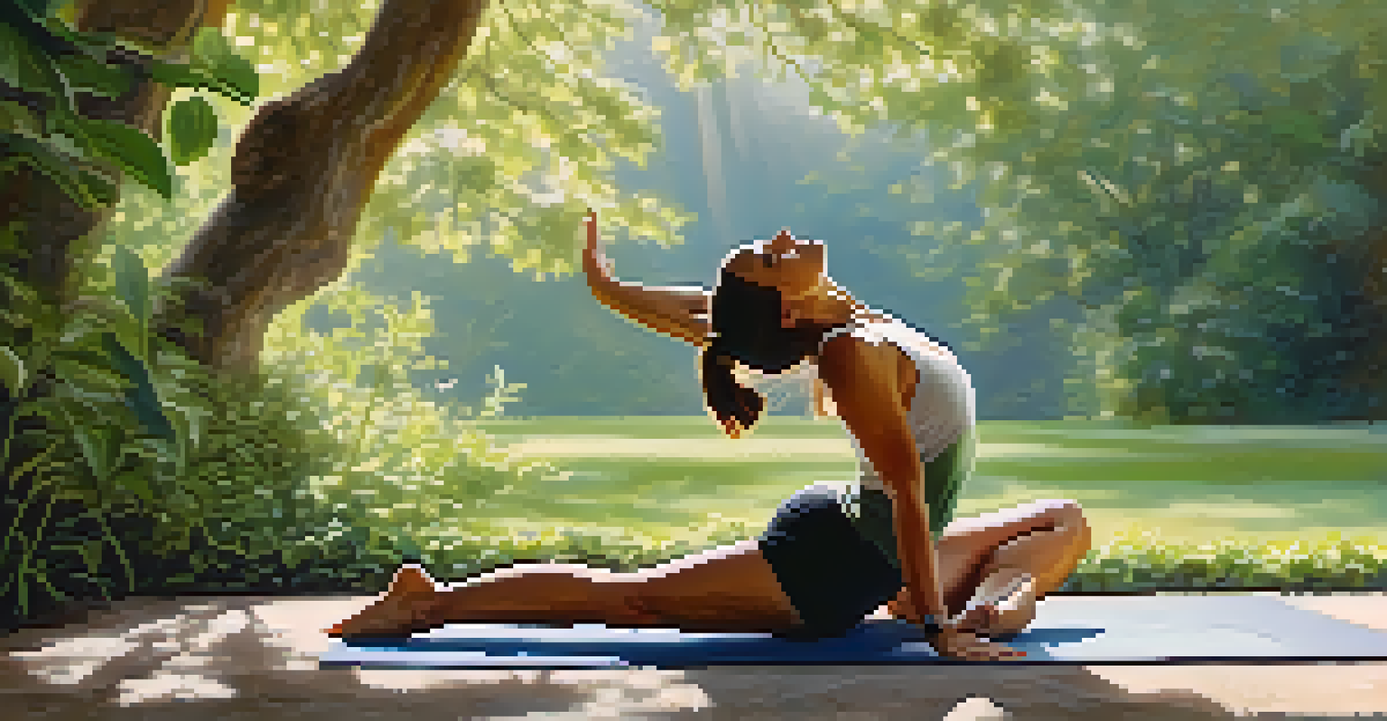 An adult performing yoga stretches outdoors in a tranquil natural setting.
