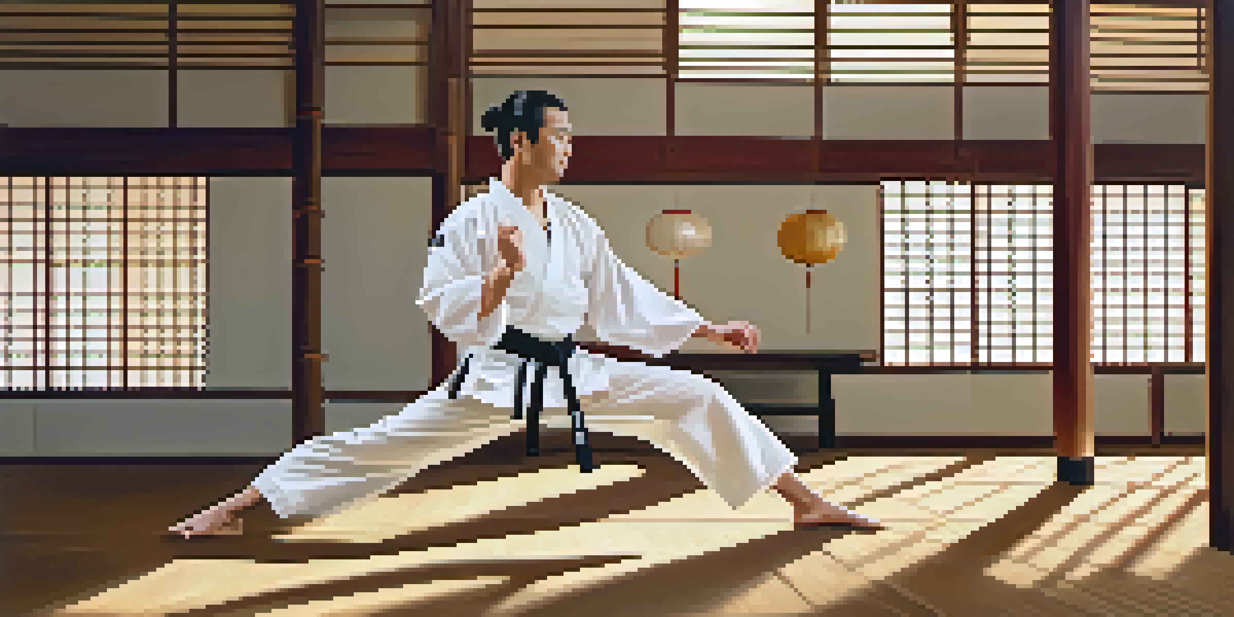 A martial artist in a white gi performing a slow kick in a sunlit dojo, surrounded by traditional Japanese decor.