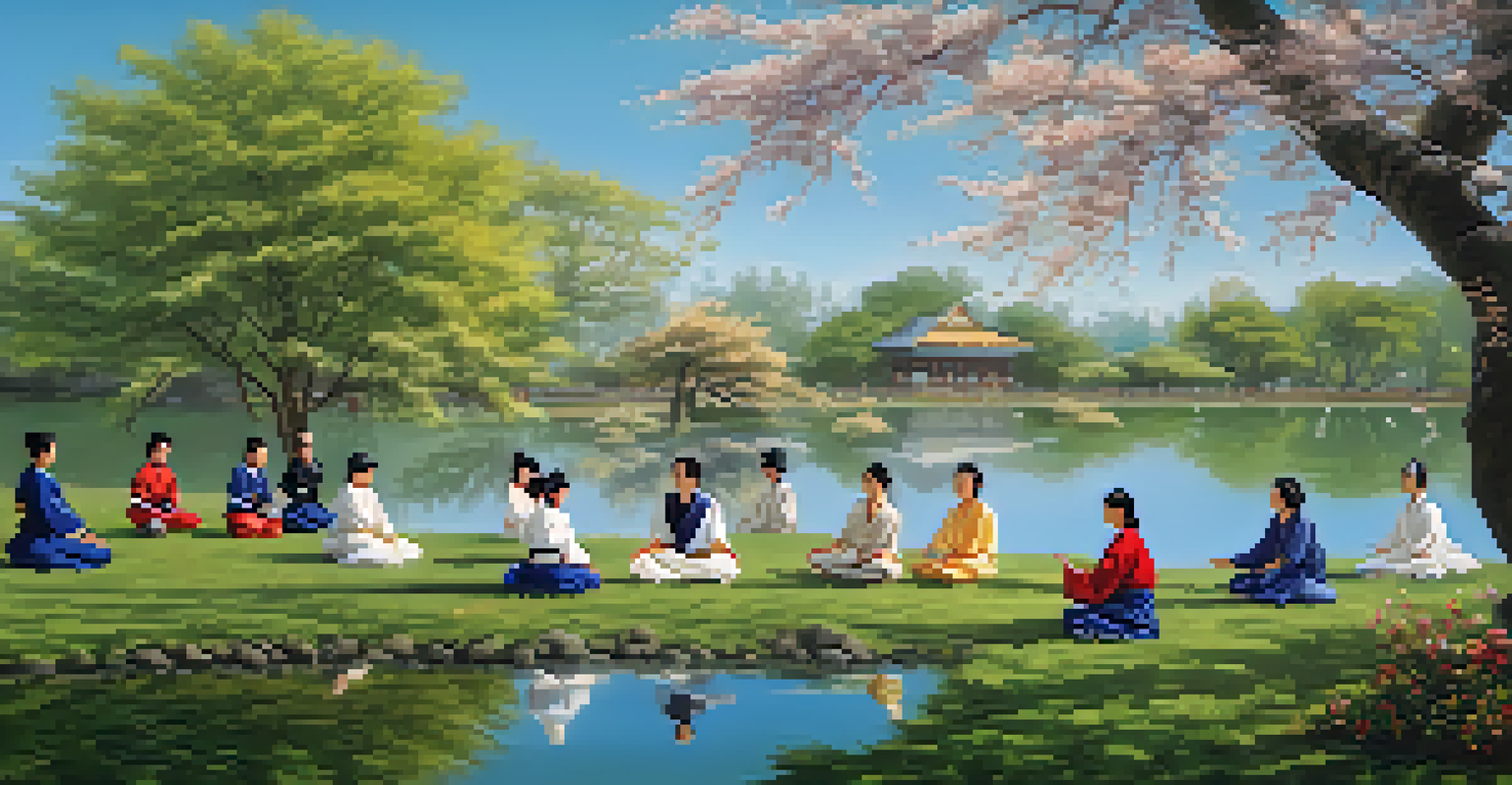 A martial arts instructor teaching Tai Chi movements to students in a park.