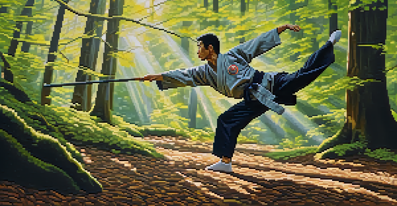 A martial artist performing a crane kick in a sunlit forest, showcasing balance and strength.