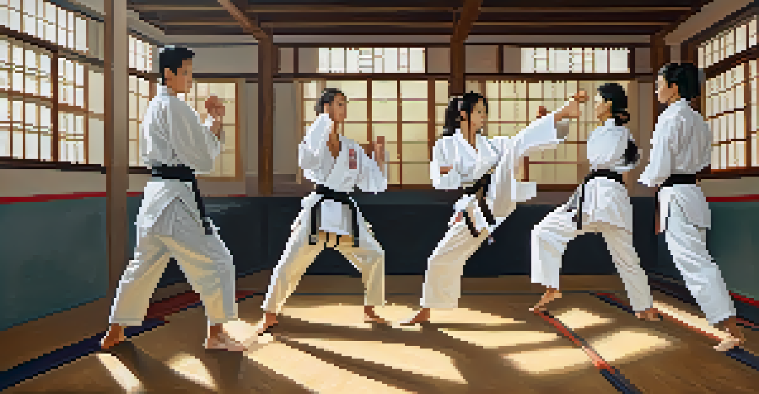 A diverse group of martial artists training in pairs on tatami mats, emphasizing teamwork and cooperation.