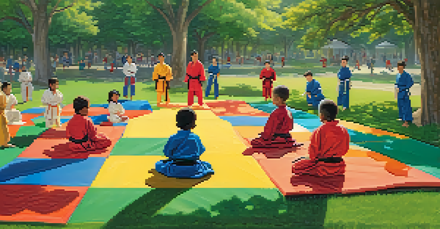 A group of diverse children practicing martial arts in a park, smiling and engaged, with colorful mats on the grass and trees in the background.