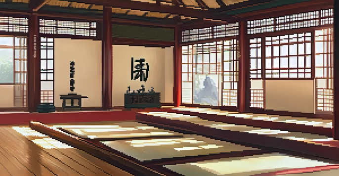 A peaceful martial arts dojo filled with practitioners of different skill levels training respectfully under soft sunlight.