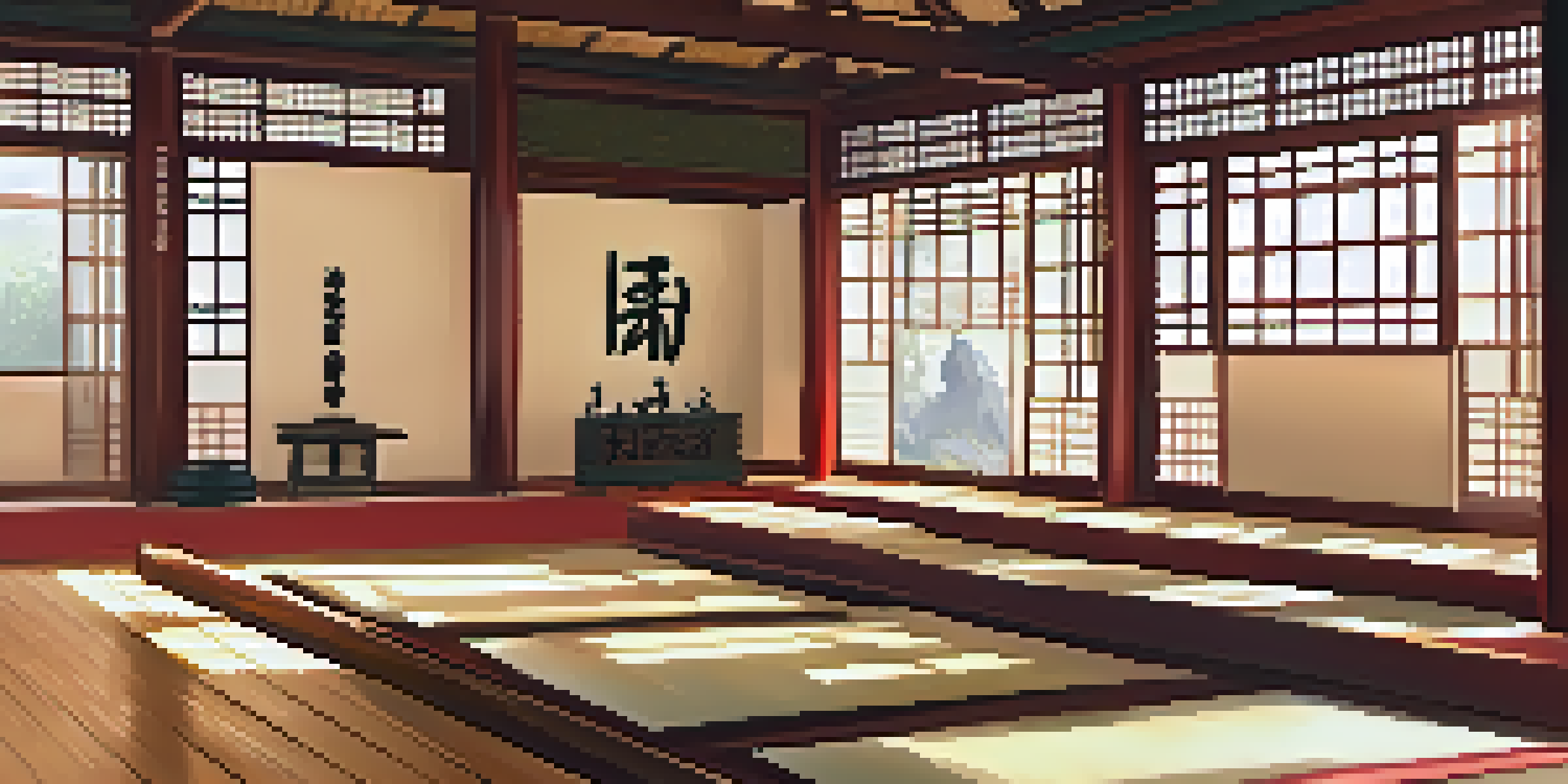 A peaceful martial arts dojo filled with practitioners of different skill levels training respectfully under soft sunlight.