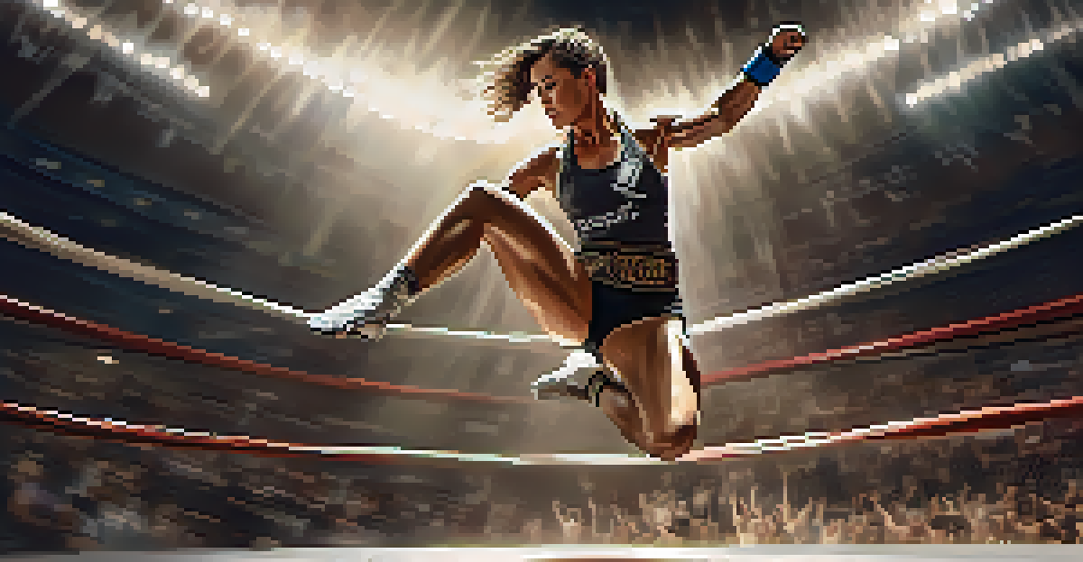 A female fighter executing a high kick during a mixed martial arts competition.
