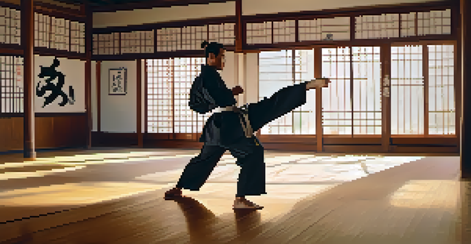 A martial artist in a traditional gi executing a high kick in a sunlit dojo with wooden flooring and martial arts equipment in the background.