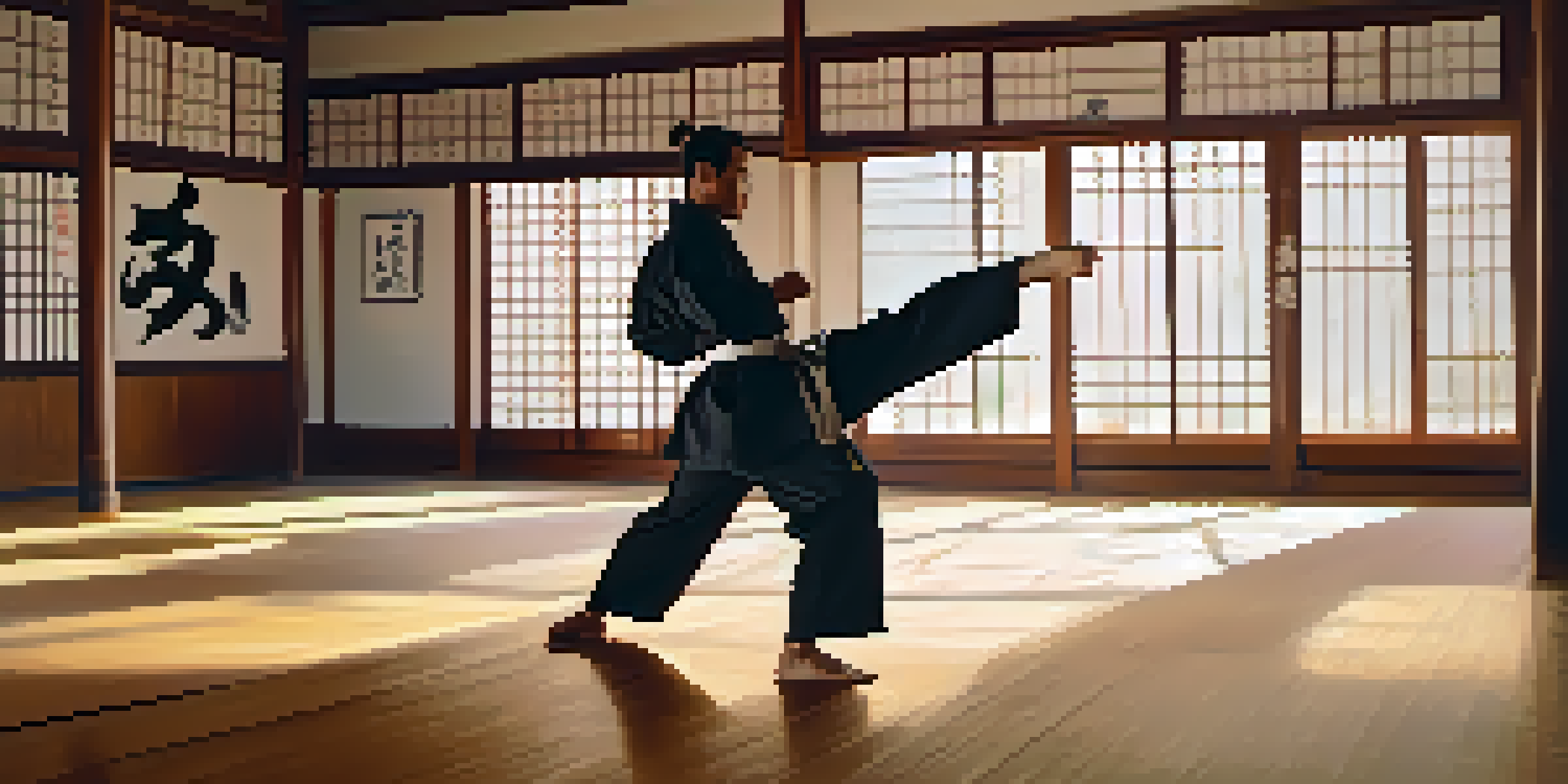 A martial artist in a traditional gi executing a high kick in a sunlit dojo with wooden flooring and martial arts equipment in the background.